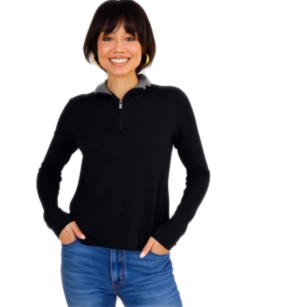 Michael Michael Kors Womens Black 1/4 Zip Cotton Pullover Top Gray Collar Sz L